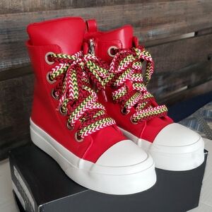 Red High-Top Sneakers with Multicolor Laces